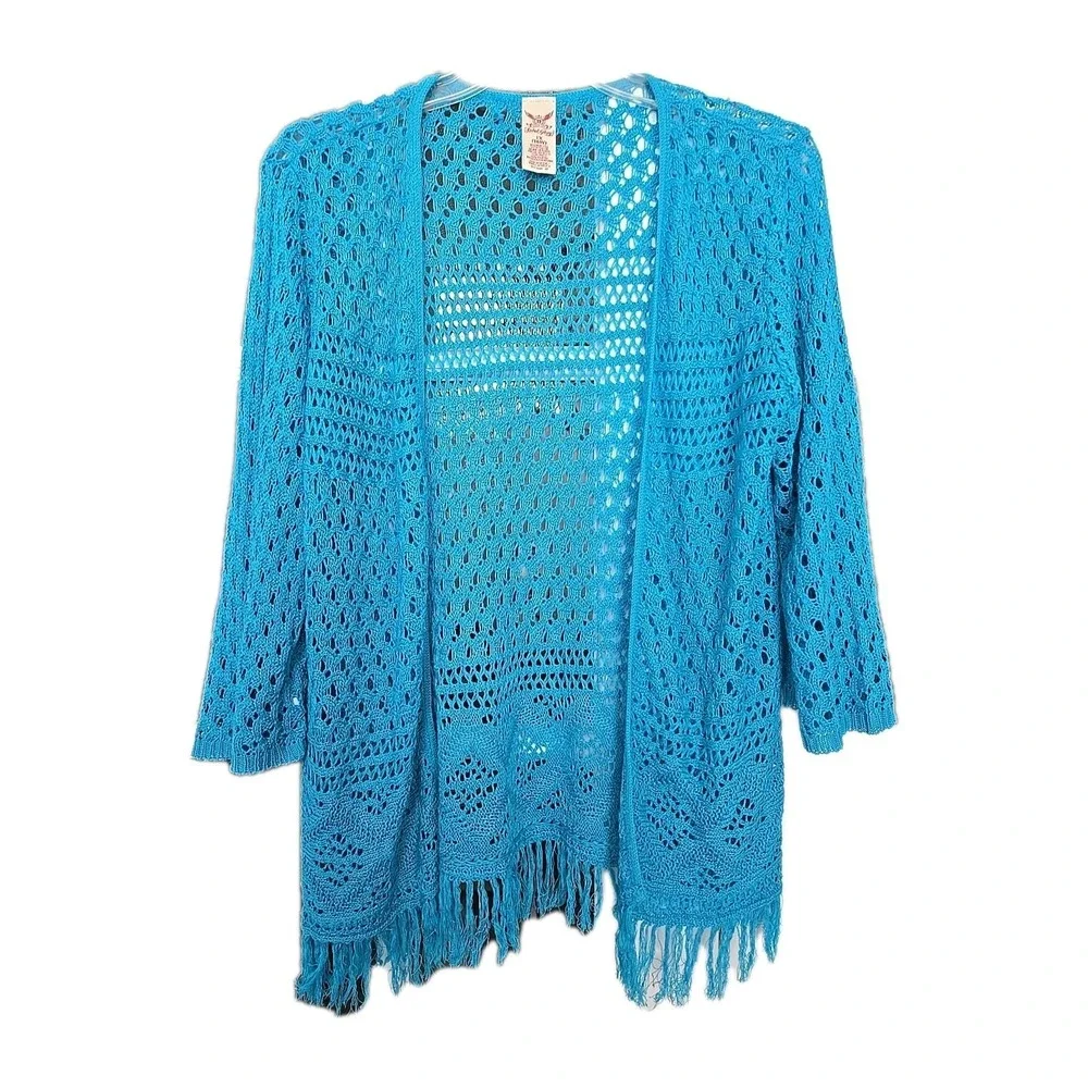 Vtg Faded Glory Fringed Crochet Cardigan 4X‎ Open Bohemian Whimsigoth Knit Y2K